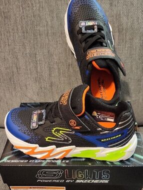 Skechers Kids' Black & Blue Light-Up Sneakers with Orange & Neon Green Accents